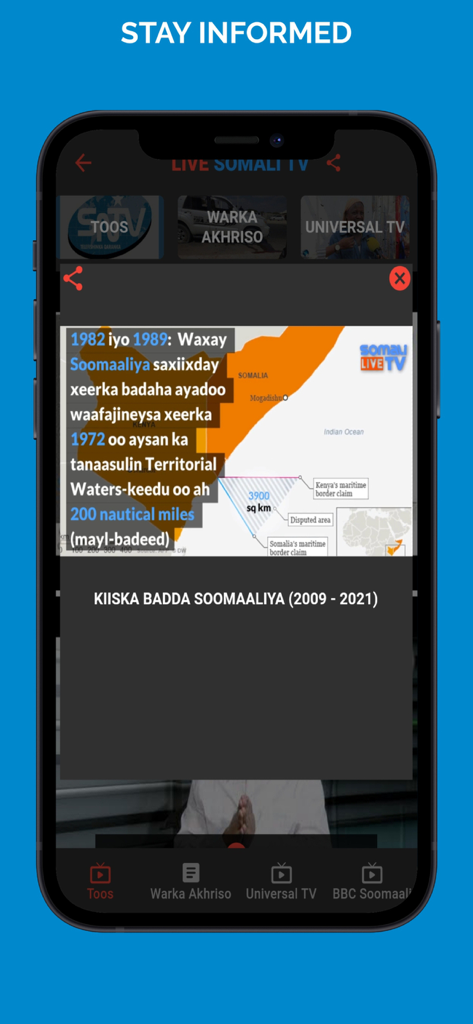 Live Somali TV app displaying news about Somalia maritime boundaries