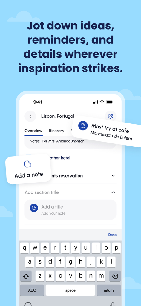 JRNEY - AI Trip Planner - The JRNEY app interface displaying how to add custom notes and reminders to a travel itinerary