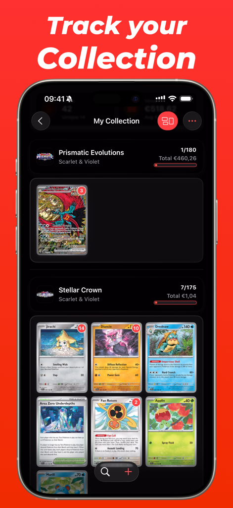 Eyevo TCG ‒ Card Scanner - iPhone screen showing the Eyevo TCG app collection tracker with pokemon card sets market values and set completion progress