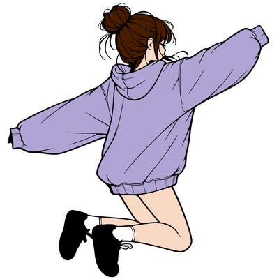 realistic girl jumping with a bun and oversized sweatshirt