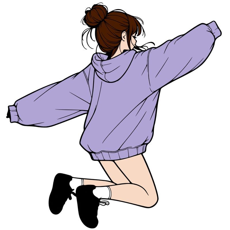realistic girl jumping with a bun and oversized sweatshirt