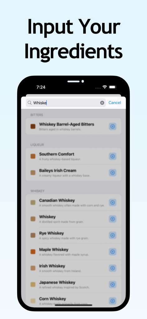 A mobile screen showing a search for whiskey to add ingredients like bitters and liqueurs to a personal digital bar inventory.