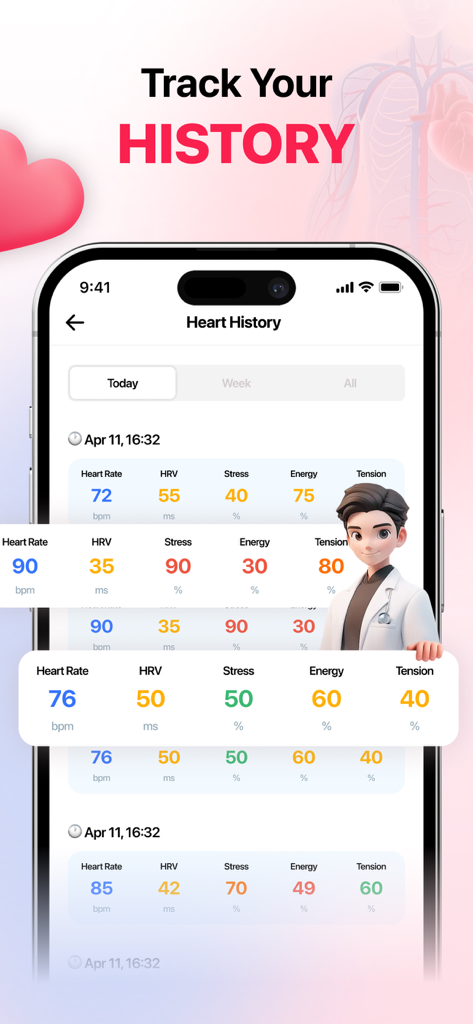 Heart Rate Monitor: For health - Interface de aplicativo móvel mostrando registros diários de histórico cardíaco para frequência cardíaca, VFC, estresse e níveis de energia