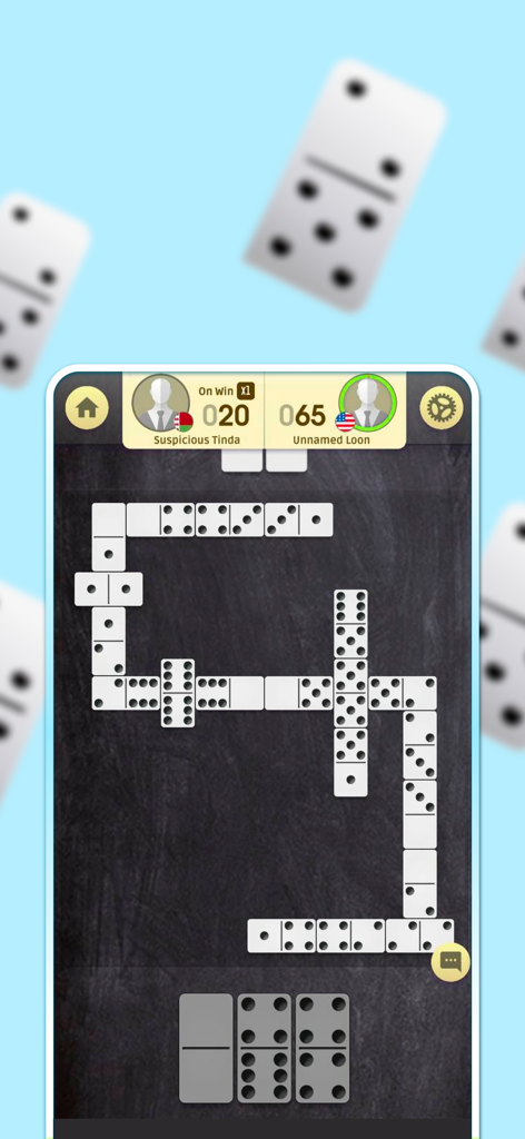 In-game screenshot showing a classic dominoes match between two players with tiles on a dark board