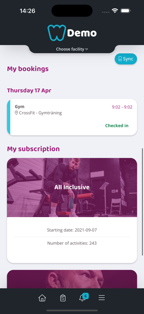 Wondr booking app - Wondr app dashboard showing gym bookings and subscription info