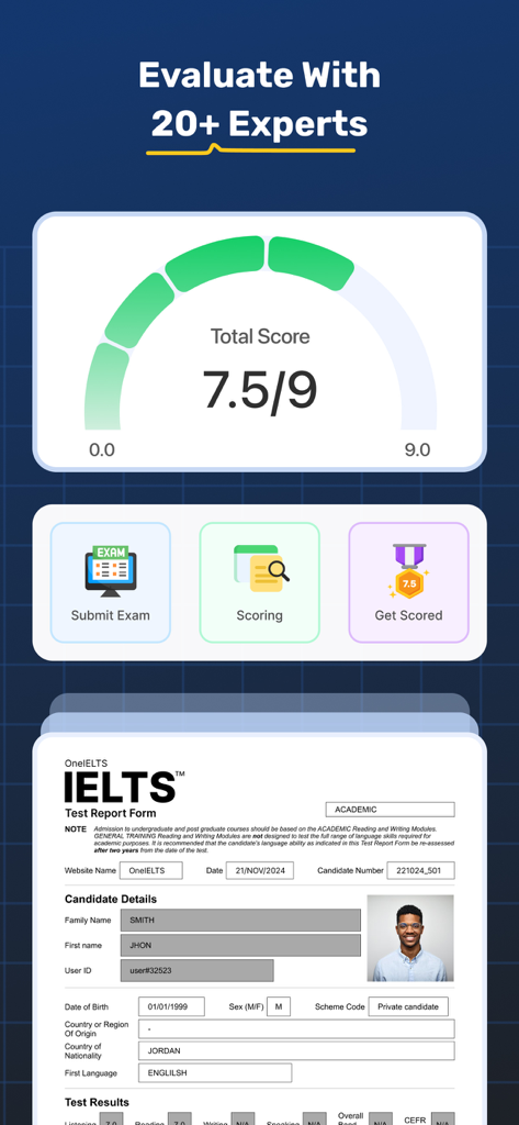 IELTS - Mock Test & AI Tutor - IELTS mock test score report showing a 7.5 band score evaluation