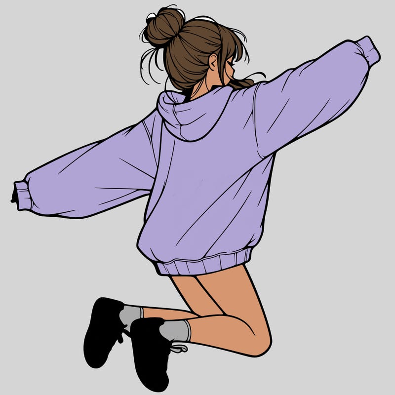 realistic girl jumping with a bun and oversized sweatshirt