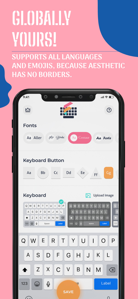 Fonts Keyboard + facemoji - Pantalla de aplicación móvil que muestra opciones para personalizar fuentes, formas de botones y temas de teclado para expresión personal.