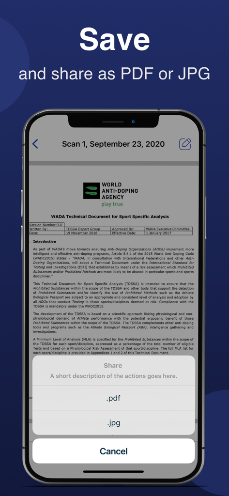 Smartphone-Bildschirm mit einer Dokumentenscanner-App mit Optionen zum Speichern und Teilen eines Scans als PDF oder JPG.