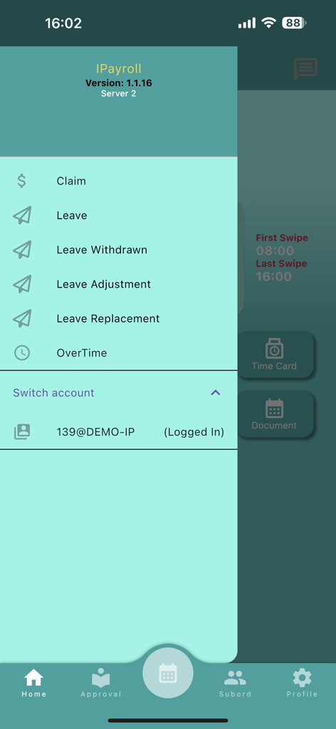 Menú lateral de la aplicación HR2000 iPayroll con opciones de permisos y reclamaciones