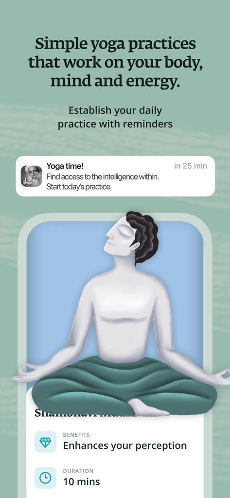 Sadhguru app interface displaying daily yoga practice reminders and Shambhavi Mudra meditation benefits