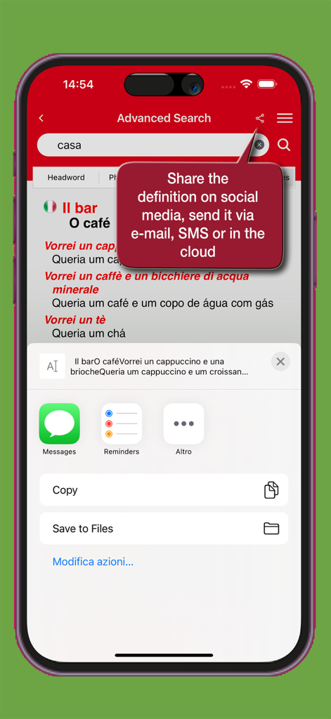 Interface of the Dizionario Portoghese Hoepli app showing the share definition feature on an iPhone