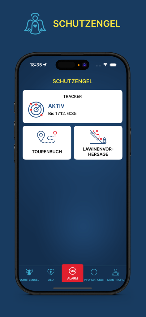 The Rettung app Schutzengel screen featuring an active safety tracker and avalanche forecast.