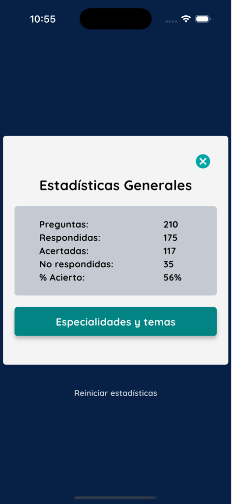 RetoMedico - Pantalla de estadísticas generales de la aplicación RetoMedico que muestra preguntas respondidas y porcentaje de tasa de éxito