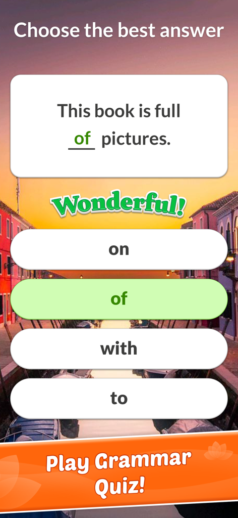 A grammar quiz gameplay screen in Word Town showing a sentence completion task over a scenic sunset city background.