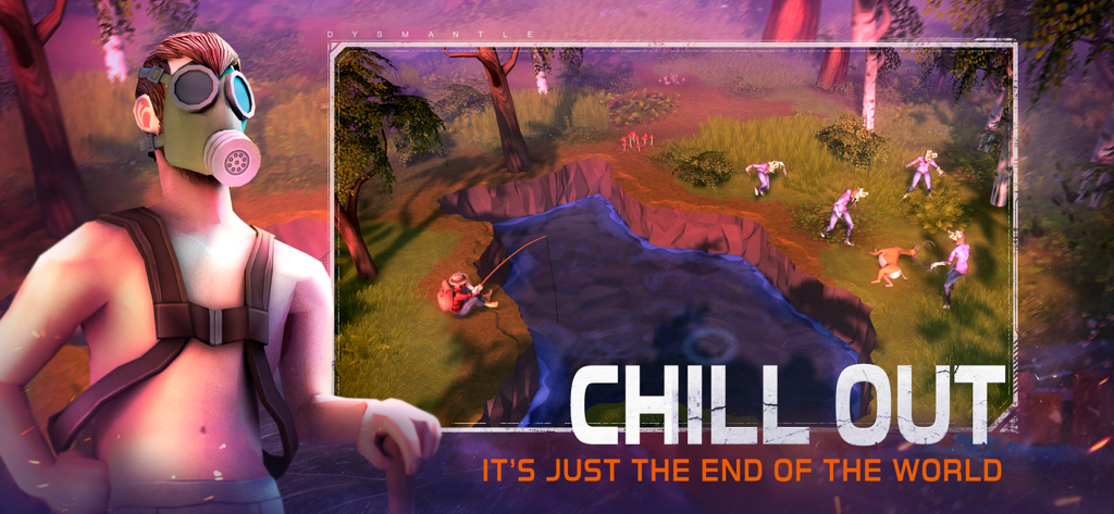 Un personnage portant un masque à gaz se tient devant une scène de survivant pêchant dans une forêt post-apocalyptique.