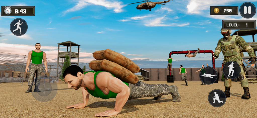 US Army Training Academy Camp - A soldier performing pushups with heavy sandbags on his back during training in the US Army Training Academy Camp game.