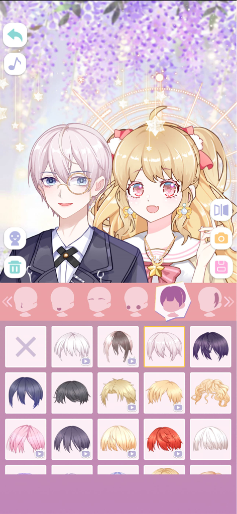 Anime Avatar Maker,Creator - Anime character customization screen showing various hairstyle options for two characters