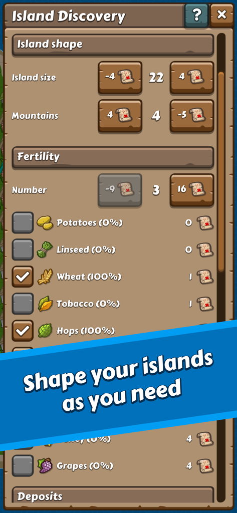 Paragon Pioneers - Menú de descubrimiento de islas en Paragon Pioneers que muestra opciones de personalización para el tamaño, la forma y la fertilidad de los recursos