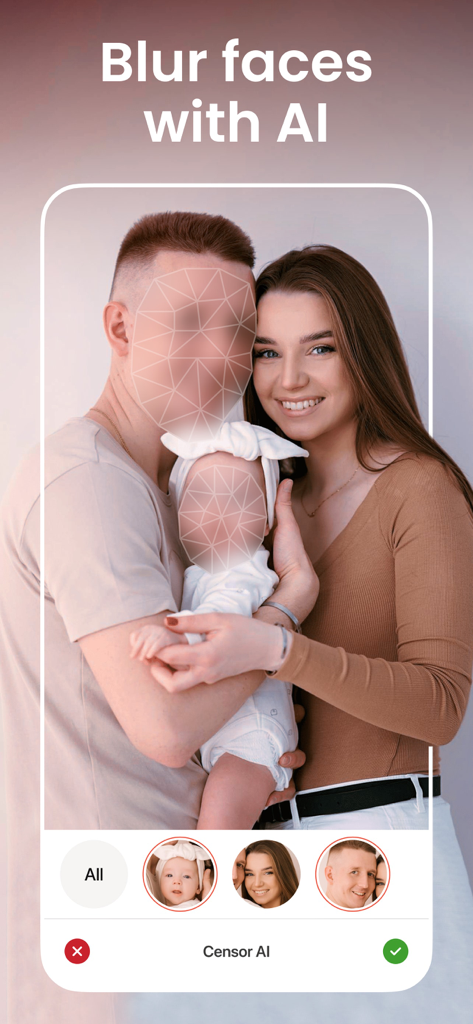 Motion Blur: Photo, Background - Uma foto de família no aplicativo Motion Blur mostrando o recurso de desfoque de rosto por IA sendo usado para censurar rostos.