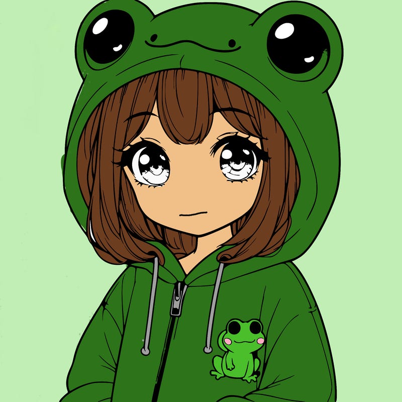 cute realistic girl in a froggy hoodie