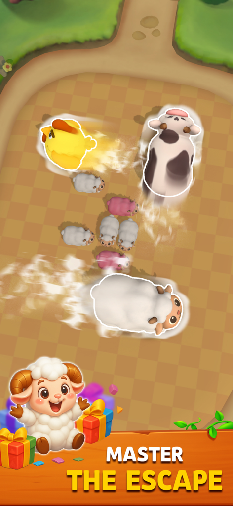 Una pantalla de juego de puzzles casuales en 3D que muestra una vaca, un pollito y una oveja escapando de una cuadrícula de granja con el lema Domina el escape.