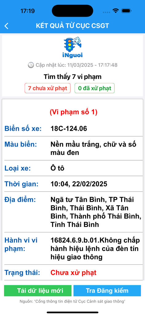 iNguoi - Tra Cứu Phạt Nguội - Vietnamese traffic fine lookup results showing vehicle violation details and status in the iNguoi app