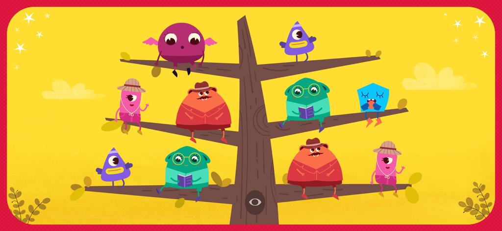 Colorful cartoon characters sitting on tree branches in an educational matching game for kids