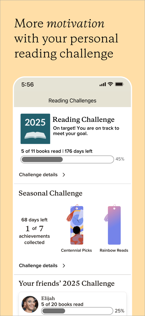Interface de l'application Goodreads affichant la progression des défis de lecture personnels et les objectifs saisonniers