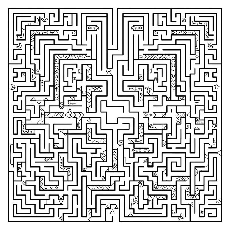 Delve into the captivating world of our Square Labyrinth Patterns, a richly detailed coloring template designed to challenge and delight. This intricate maze is packed with right-angle turns and subtle decorative flourishes, offering hours of engaging creative exploration.