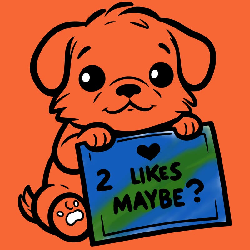 a puppy holding a sign that says 2 likes maybe?