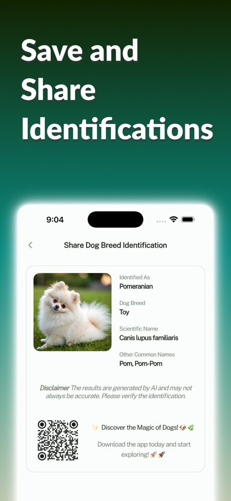 Dog Breed Identifier: Dog Care - A mobile app screenshot showing a shareable dog breed identification card for a Pomeranian with breed details and a QR code.