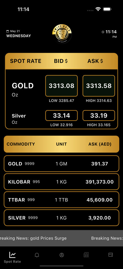 Switz Gold - Painel do aplicativo móvel Switz Gold exibindo preços de compra e venda em tempo real de ouro e prata