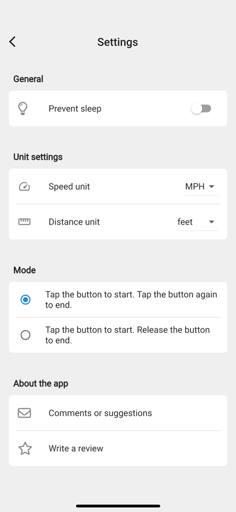 Simple Speed Gun - Settings menu of the Simple Speed Gun app showing options for speed units distance units and measurement modes