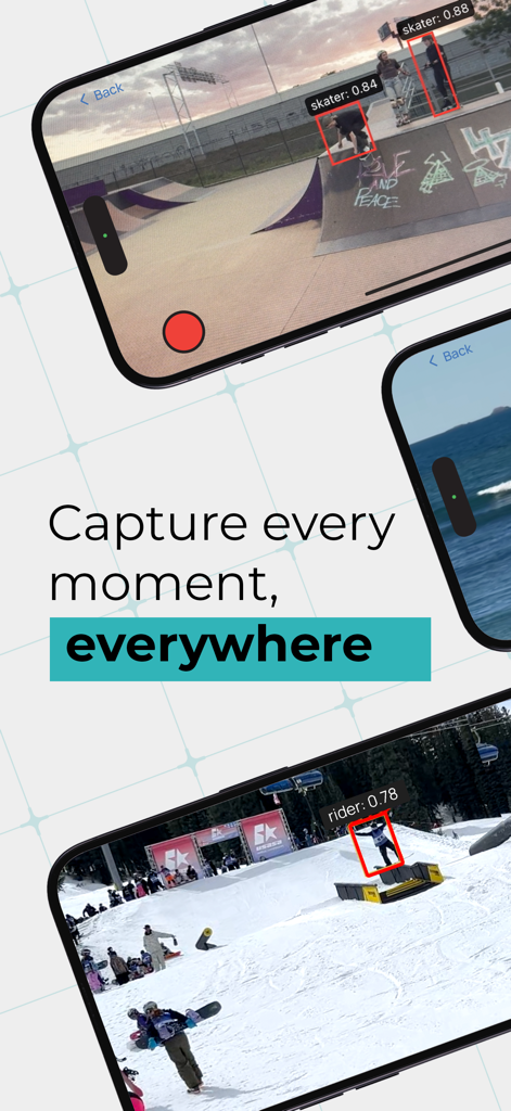 Flowstate - Interface do aplicativo Flowstate exibindo rastreamento de atletas por IA para skate e snowboard