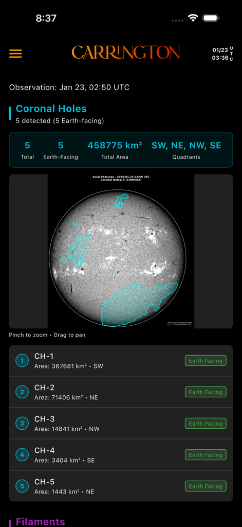 Carrington - Interface of the Carrington app displaying real-time data and a visual map of solar coronal holes.