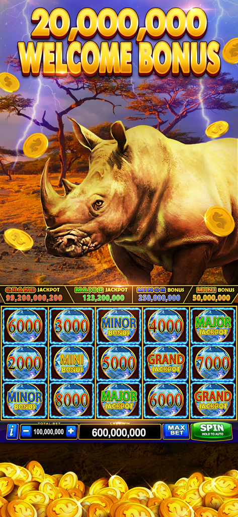 Superb Casino - Superb Casino mobile slot game screenshot with a rhino theme and twenty million welcome bonus text.