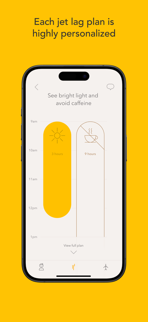 Timeshifter app interface displaying a personalized jet lag plan with recommendations for light exposure and caffeine avoidance.
