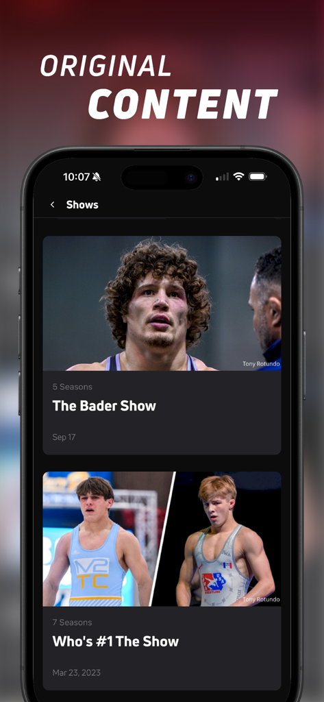 A screenshot of the FloSports app showing original wrestling shows like The Bader Show