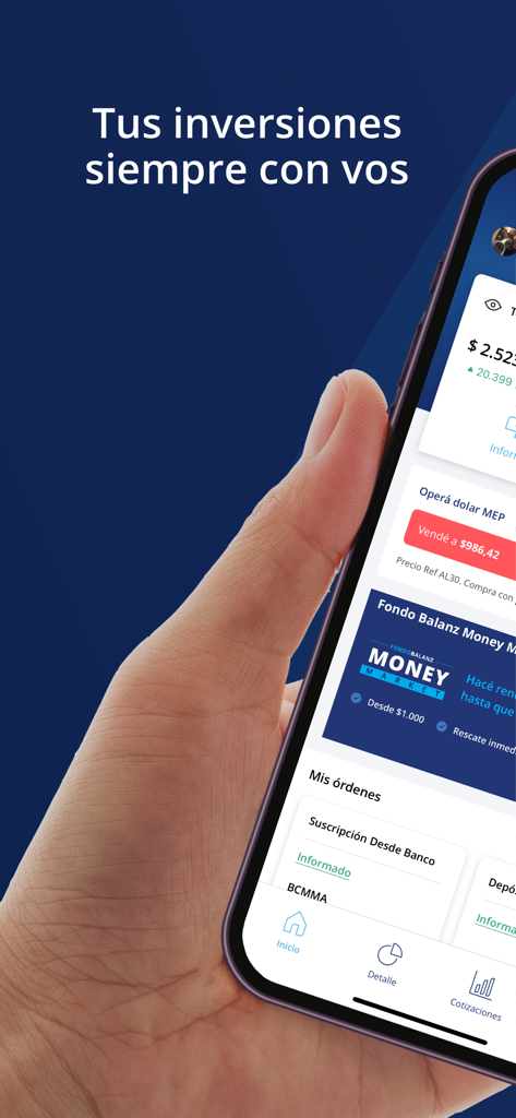 Balanz - Smartphone displaying the Balanz investment app interface with trading and market options.