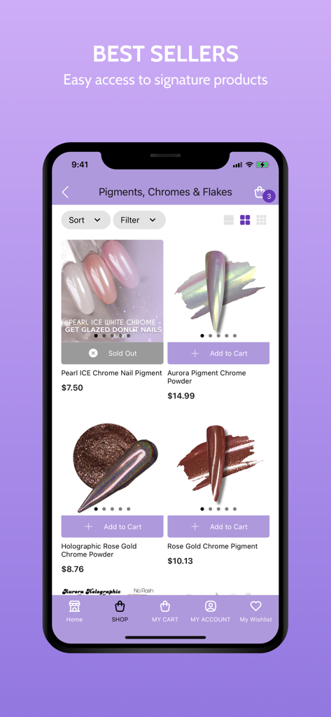 Glitter Planet - Glitter Planet app displaying best selling nail pigments and chrome powders