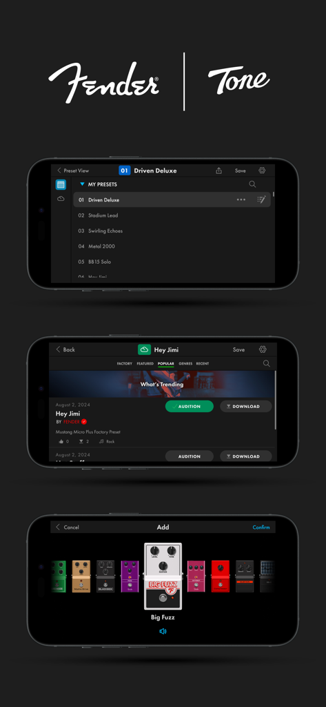 Mobile screenshots of the Fender Tone app showing preset lists and virtual guitar pedals.