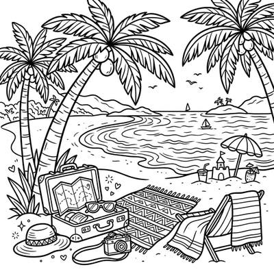 Dive into relaxation with this delightful tropical beach vacation coloring page. Featuring swaying palm trees, gentle waves, and all your favorite travel essentials, it's the perfect escape.