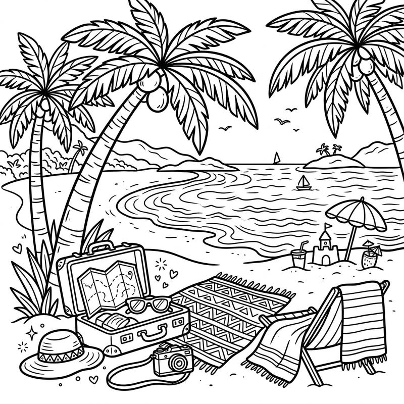 Dive into relaxation with this delightful tropical beach vacation coloring page. Featuring swaying palm trees, gentle waves, and all your favorite travel essentials, it's the perfect escape.