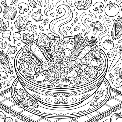 Warm your soul with this delightful coloring page featuring a bountiful bowl of vegetable soup. Explore an intricate design overflowing with your favorite garden-fresh ingredients, ready for your creative touch.