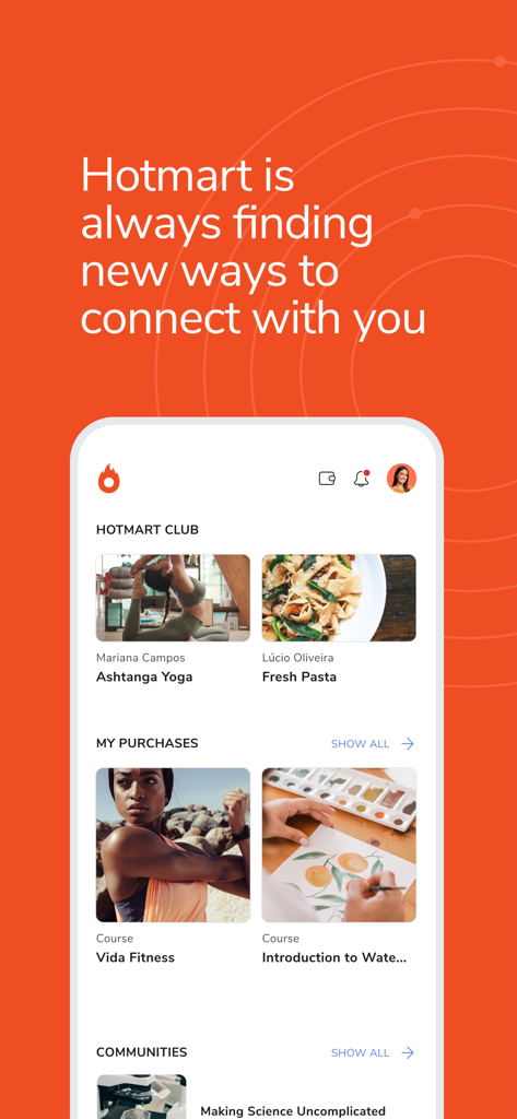 Hotmart mobile app interface displaying a dashboard with purchased digital courses and community groups
