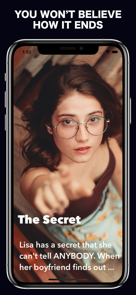 A smartphone showing a suspenseful drama chat story titled The Secret from the Twist app