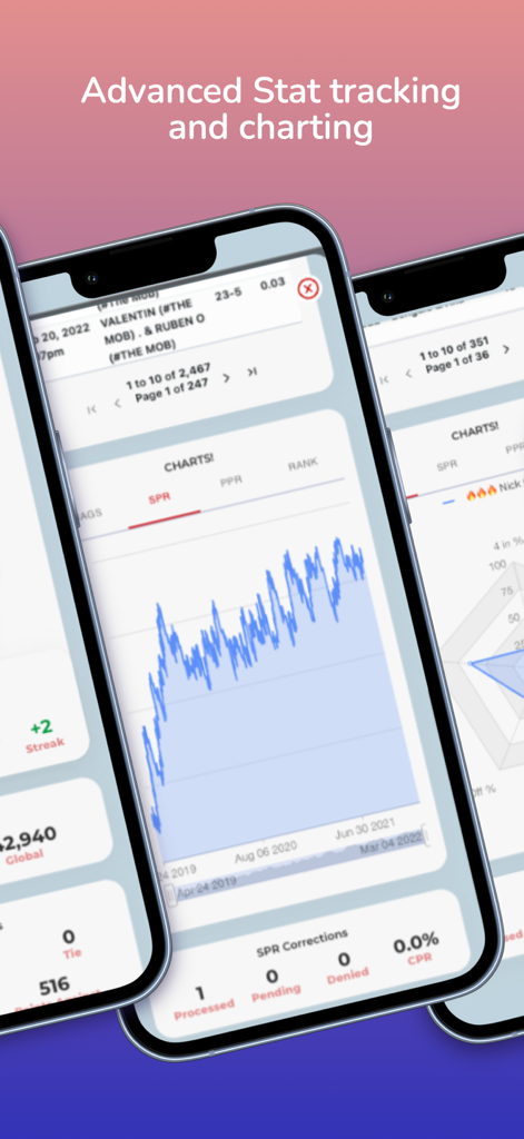 Écrans de l'application mobile montrant des statistiques avancées et des graphiques de performance pour les joueurs de sports récréatifs