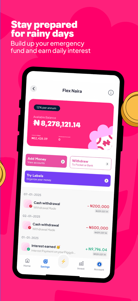 PiggyVest mobile app interface showing Flex Naira emergency fund savings account with interest earned and recent transactions