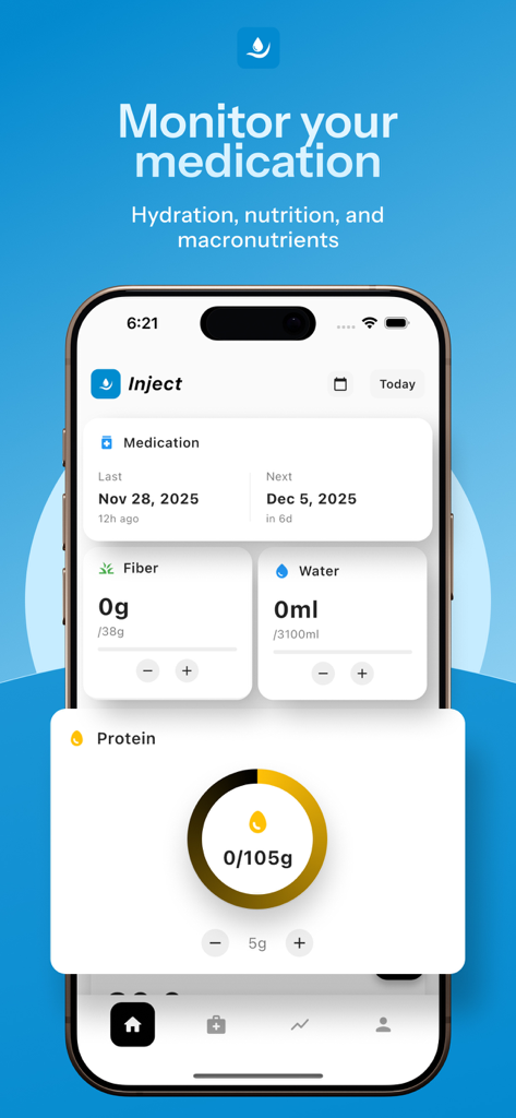 Inject - GLP-1 Tracker - Inject app dashboard showing medication schedule and daily tracking for protein fiber and water intake
